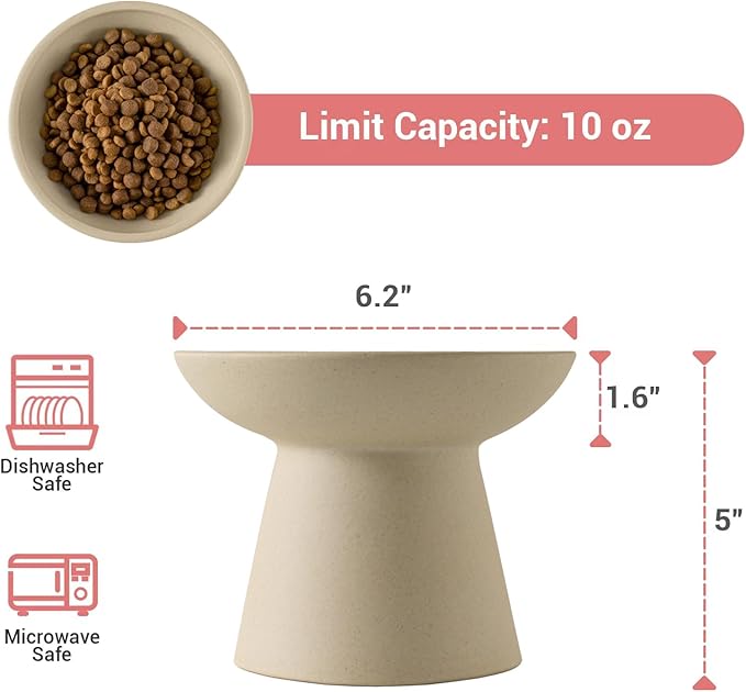 CEEFU Extra Wide Elevated Ceramic Cat Bowl, 6.2" Shallow Dish for Whisker Fatigue Relief, 5" Height for Easy Feeding, Durable Raised Cat Food Bowls, Pack of 2, Pottery Clay (Not Glazed)