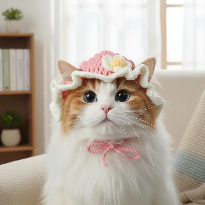 Nogeqi 2 Pcs Cat Hats for Cats Only, Cute Frog Cat Hats, Knitted Hat for Cat, Birthday Party Puppy Hat for Small Pets(Frog Flower)