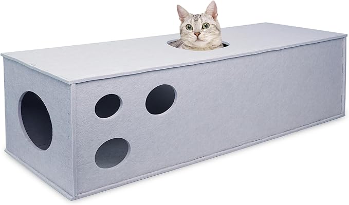 PETKARAY Cat Tunnel, Original Cat Hideaway Cave for Indoor Cats, Large Kitten Play Tubes and Tunnels, Soft Felt Cat Toy with Interactive Peek Hole， Grey Straight