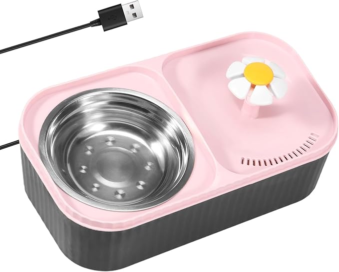 Cat Water Fountain and Food Bowl, 101oz/3L Automatic Fountain Water Bowl, Cat Food & Water Dispenser Set,Stainless Steel Dog Feeder, Pet Feeding & Watering Supplies for Pets (Pink, 1)