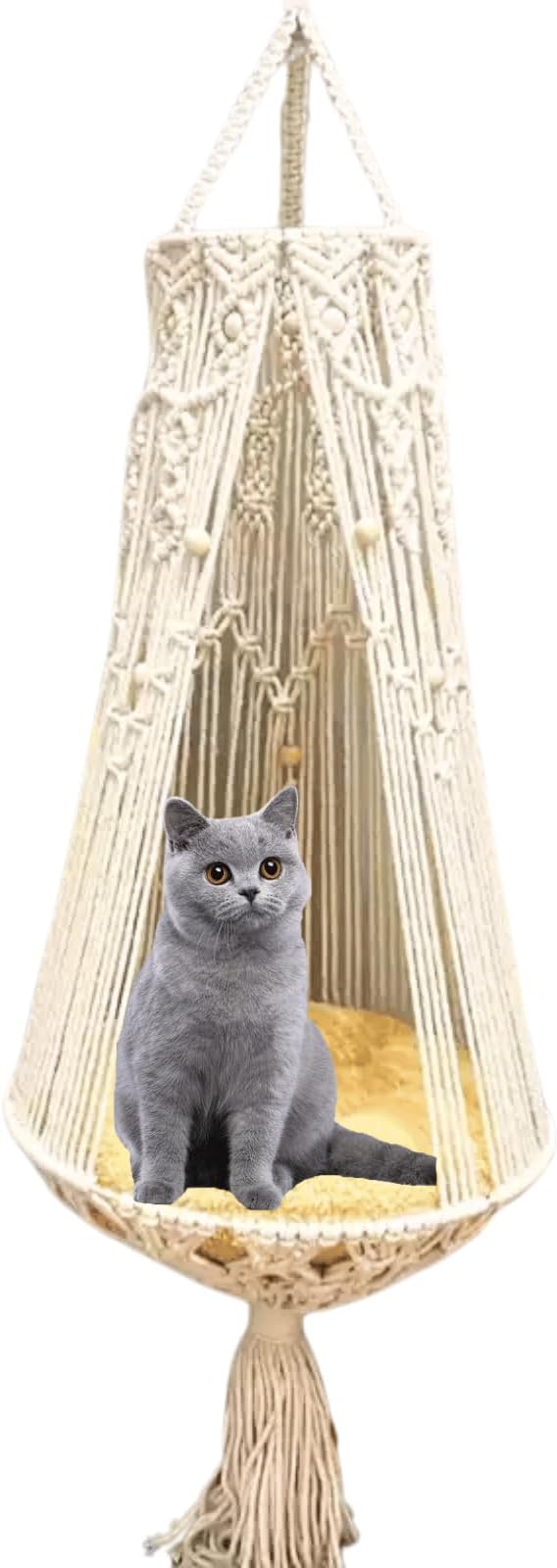 Hanging Cat Bed with Cushion - Macrame Hammock for Indoor Outdoor Home Decor, Boho Swing Cat Wall Furniture for Sleeping, Playing and Lounging