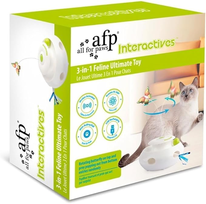 ALL FOR PAWS 3 in 1 Interactive Butterfly Flutter Cat Toy with Rolling Balls, Automatic Kitten Spinner Toys, Popping Feather Toy, Mental Stimulation for Indoor Cats, USB Rechargeable