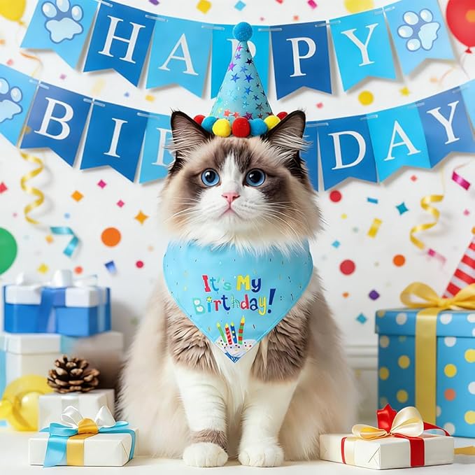 Cat Birthday Decorations Set - Cute Birthday Outfit with Hat, Bandana, Bow Tie, Balloons & Number Stickers for Kittens/Cats Party Photo Props & Festive Supplies