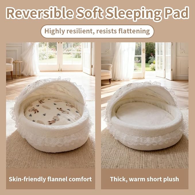 Cradle Nest Cat Cave Bed - Semi-Enclosed Plush Cradle Pet Bed with Removable Washable Cover, Cute Princess Dog Bed, Small Dog House & Cozy Cat Furniture for Indoor Cats, Small Dogs, Puppies