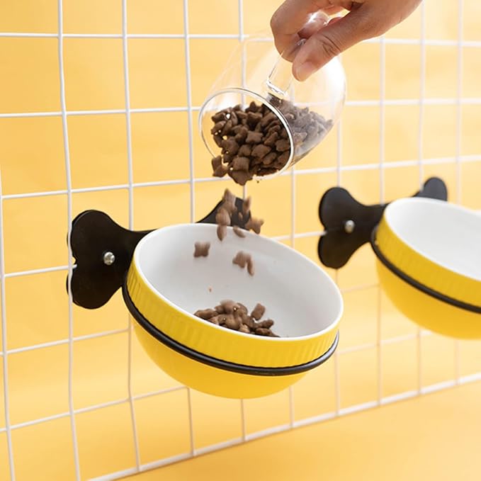 Ceramic Hanging Cat and Dog Bowl Set, Tilted Suspension Style Feeder with Iron Rack, Yellow Fishbone Pattern, Multi-Function Pet Feeding and Watering Bowl for Cats and Puppies