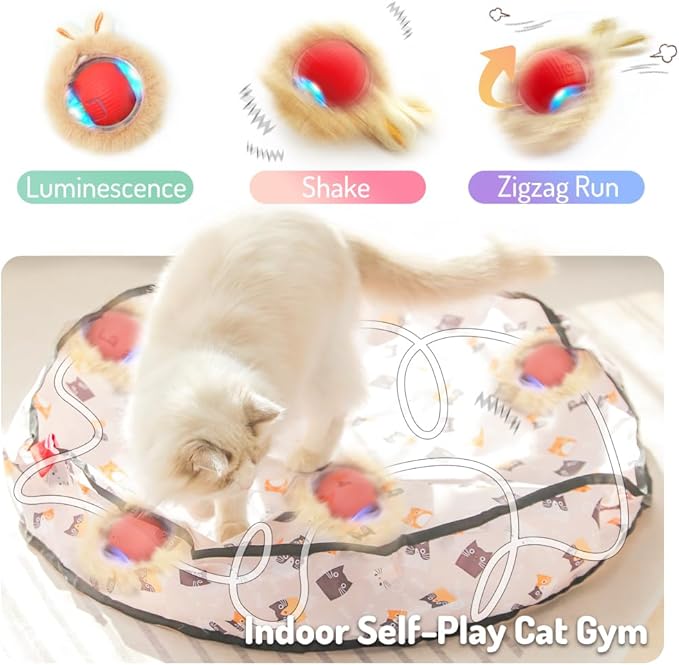 Interactive Cat Toys for Indoor Cats, Automatic Ball Toy Rolling Motion Activates, Hide & Seek Game for cat Play, Rechargeable Bouncing Toy Keeps Kitten Entertained & Not Bored