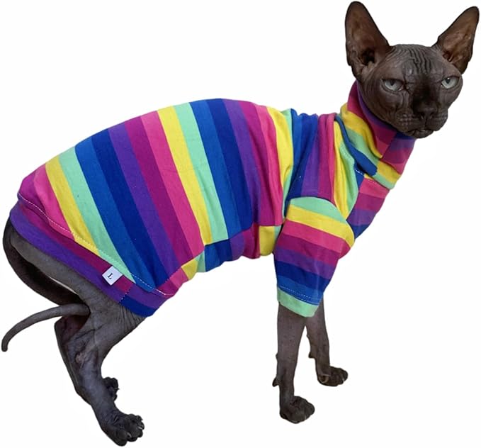 Vintage Stripes Sphynx Hairless Cats Shirt Cotton Cat Turtleneck Pet Clothes Kitten T-Shirts with Sleeves for Sphynx Cornish Rex, Devon Rex, Peterbald (Rainbow Stripe, S (3.3-4.4 lbs))