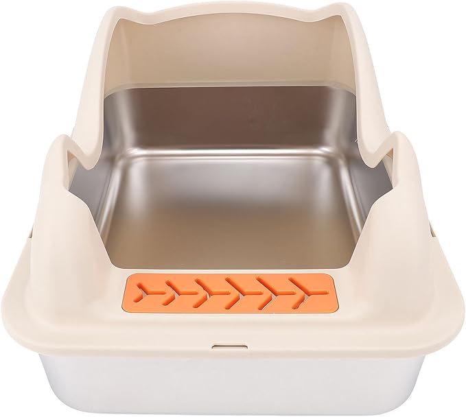 Large Stainless Steel Cat Litter Box with Lid | Easy to Clean, Anti Splash Design, High Sides for Less Mess (Khaki)