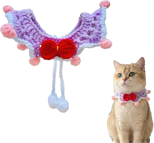 Handmade Crochet Kitten Cat Bowtie Collar | Cute Knitted Breakaway Cat Tie Collars | Small Kitty Ties Accessories (Purple Crown)