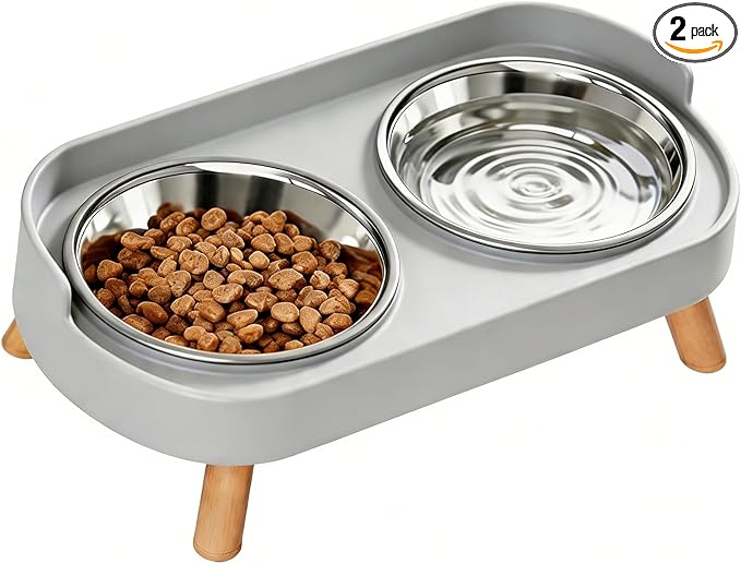 Elevated Cat Bowls, 2 Stainless Steel Raised Cat Food and Water Bowl Set, Splash Proof & Non-Slip, Whisker Fatigue Friendly, Dishwasher Safe for Cats and Small Dogs - Gray