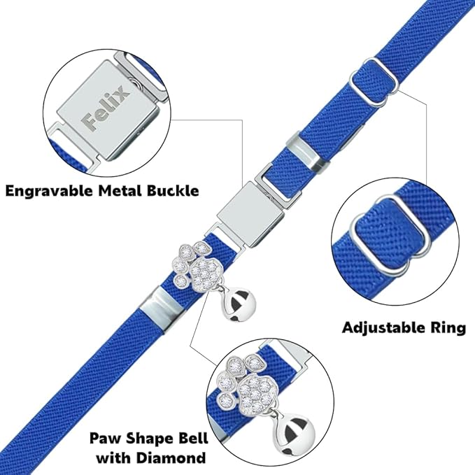 Personalized Safety Elastic Cat Collars with Bell,Laser Customized Stretch Kitten Collars for Girls Boys Cats-Royal Blue
