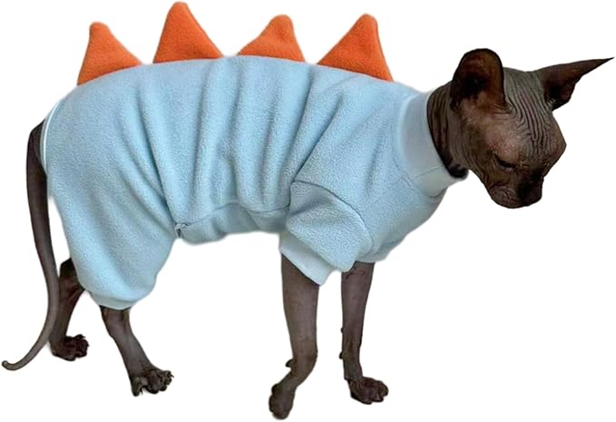 Four Leg Dinosaur Sphynx Cat Clothes Pjamas Hairless Cat Warm Polar Fleece Jumpsuit Elastic Pet Clothes for Sphynx Cat Surgery Recovery Suit Hairless Cat Shirt for Devon, Cornish (SkyBlue, Small)