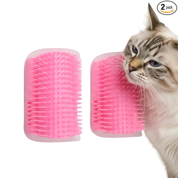 Cat Self Groomer – Wall Corner Grooming Brushes for Cats and Small Pets – Soft Massage Brush for Shedding Control and Face Rubbing (Pink)