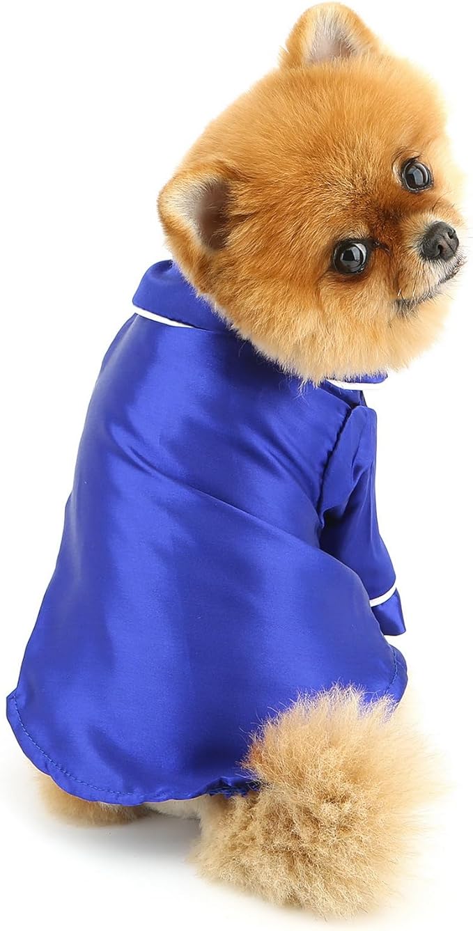 PAIDEFUL Soft Faux Silk Sleepwear for Small Dogs Cats Lapel Doggie Loungewear Lightweight Breathable Puppy Pajamas PJS Two-Legged Pet Shirt Clothes Summer Chihuahua Apparel Button Up,RoyalBlue,5XL