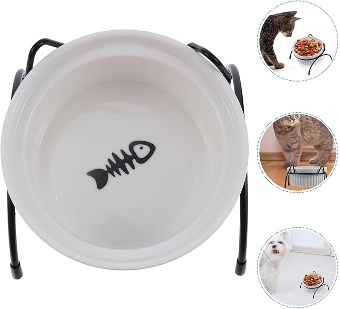 TEHAUX Ceramic Cat Bowl Black Metal Raised Bracket Neck-Protective High Base Pet Feeder White Fishbone Design Cat Feeding and Water Bowl