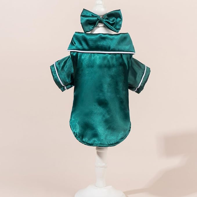 Cat Puppy Costume Elegant Satin Pajamas with Bow Headband 2PCs Set Pet Sleepwear Cute Pet Outfit Cosplay Partywear Photoshoots (Green Set,Medium)