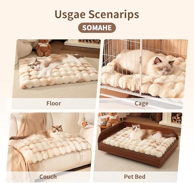 SOMAHE Cat Bed, Plush Faux Fur Kneading Flat Mat - Machine Washable Fluffy Pet Bed for Indoor Cats, Non-Slip Small Kitten Bed, Therapeutic Knead Cat Mat for Couch & Window Sill, 23"×15" Inch,Camel