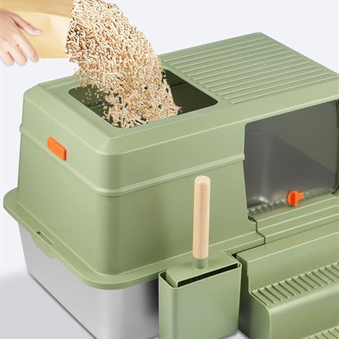 Pet Supplies, Stainless Steel Cat Litter Box with Lid, Front Entry & Top Exit, Easy Clean with Scoop & Ladder(Green)