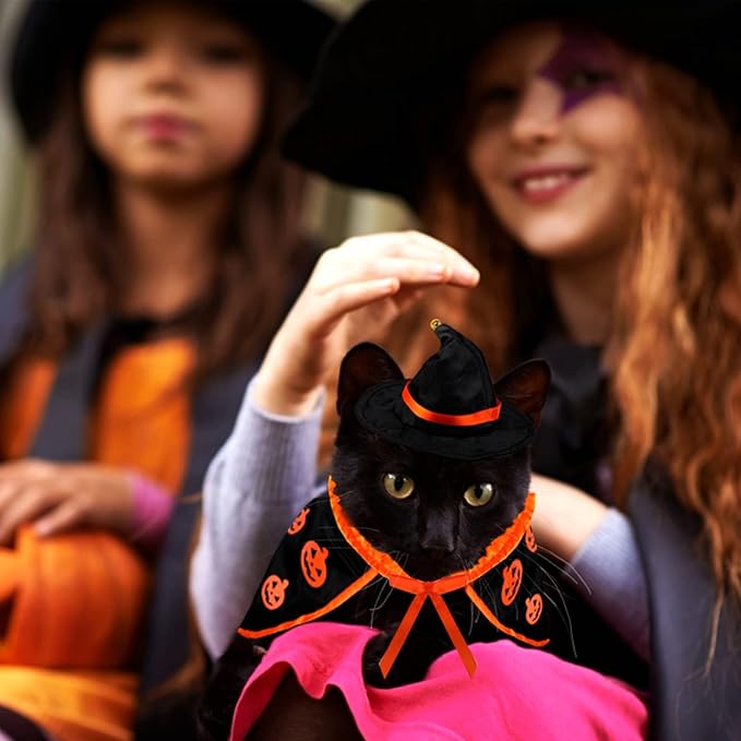 Cute Pet Halloween Wizard Costume with Hat, Cats Small Dogs Soft Clothes Outfit Witch Cape, Pets Costume Apparel Cosplay Clothes for Cats Dogs Kitten Puppy Small Animals, for Halloween Magic Cosplay