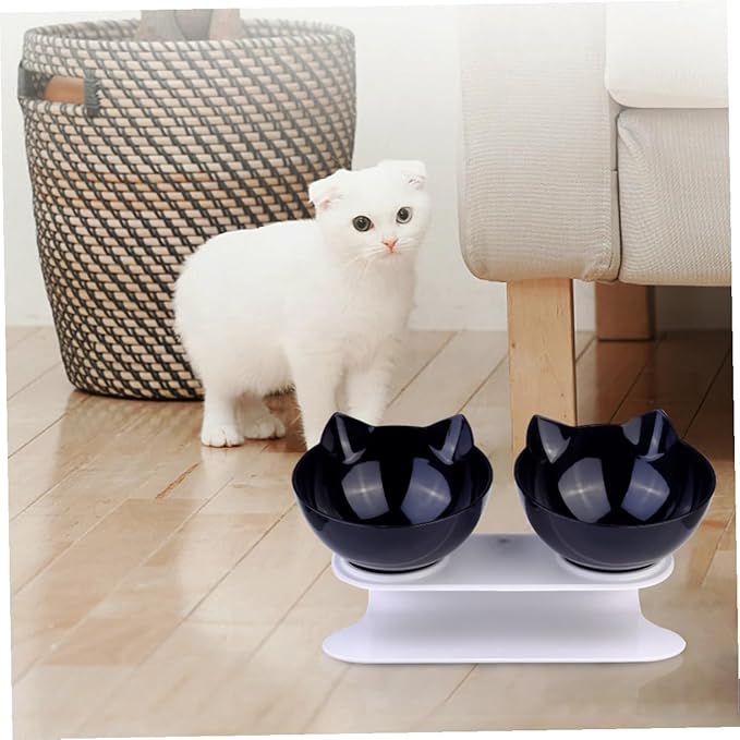 Double Plastic Cat Bowl with Raised Slanted Design, Black Dual Pet Feeding and Watering Bowl, Anti-Spill Tilted Food and Water Dish for Cats and Dogs
