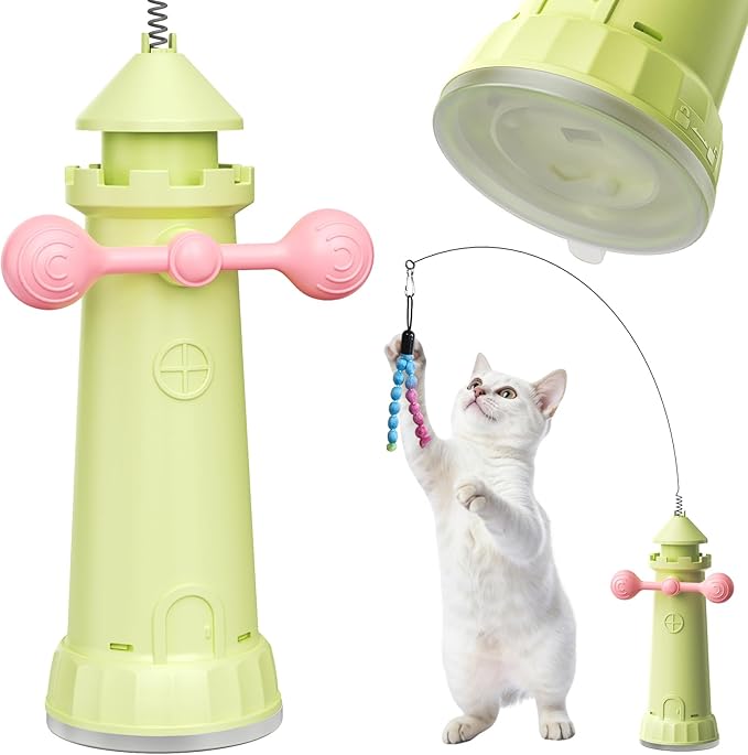 Interactive Cat Toys for Indoor Cats, Hanging Cat Wand Toy for Floor Doorway Window with Powerful Suction Cup Base, Pet Self-Play Enrichment Toy for Bored Cats Kitten(Green)