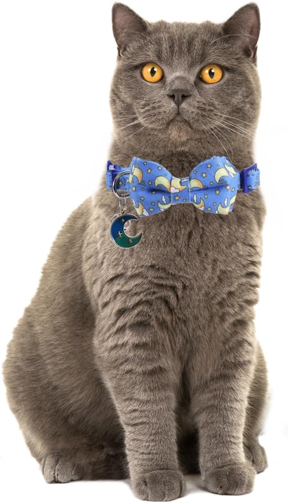 Lamphyface Cat Collar Breakaway with Cute Bow Tie Bandana and Bell Moon Accessories for Kitty Adjustable Safety