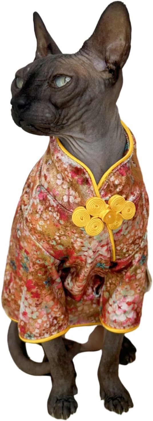 Traditional Culture Sphynx Hairless Cat Cotton T-Shirts Cats Clothes Pet Sweater Cat Vest Pet Clothes Kitten Shirts Small Dogs Apparel (Gypsophila, XL (9-13 lbs))