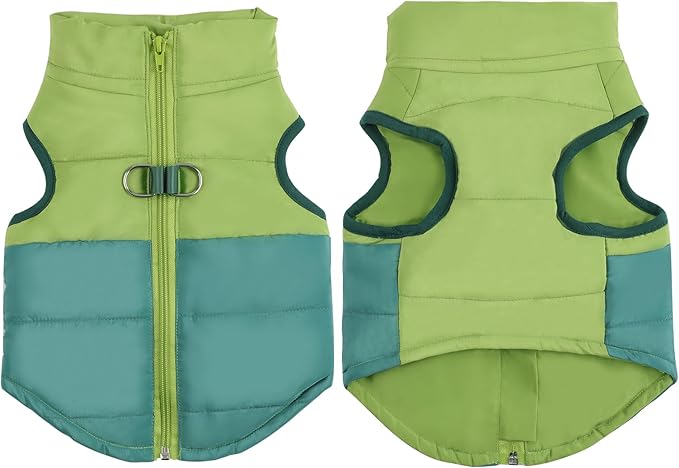 Winter Dog Coat with Leash Ring, Warm Jackets Puppy Cold Weather Coats Pet Clothes Cat Outfits for Small Dogs (Green+Dark Green, Large)