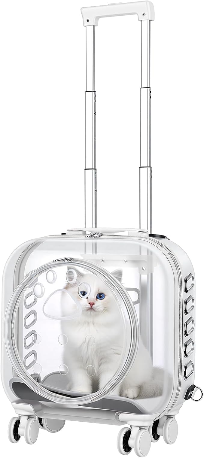 Portable Pet Carrier Trolley Box - Ventilated PC Travel Carrier with Silent Shock-Absorbing Wheels, Telescopic Handle for Cats, Small Dogs, Puppies - Outdoor Hiking, Camping, Car & Airline A