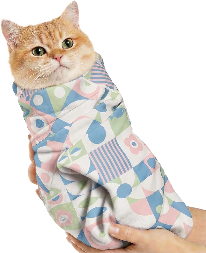BFNN Cat Grooming Wrap for Cutting Nails, 27.6" Anti-Escape Calming Cat Swaddle Wrap for Medicine, Nail Clipping, Teeth Brushing, Ear Cleaning, Self-Adherent Burrito Restraint, (Geometric Fish, L)