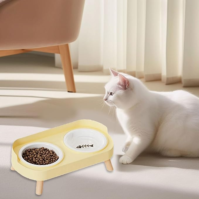 Elevated Double Bowl Ceramic Pet Food Bowls Nonslip Base Feeding Watering Dishes for Dog Cats Scratch Design Pet Food and Water Bowl