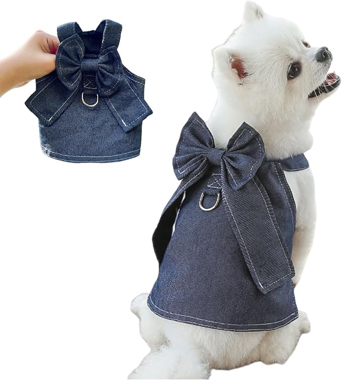 Denim Pet Dress & Vest Harness for Dog Cat, Male Female Universal with D-Ring, Bow Decor Ruffled Skirt Breathable Clothes for Small to Large Pets (Medium, Jacket-Cyan Denim)
