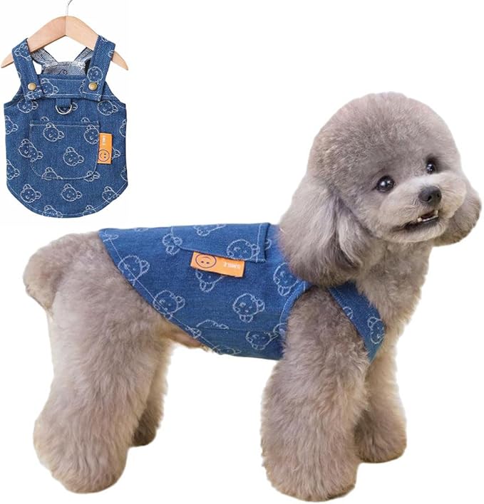Walking-Ready Pet Jeans - Breathable Denim with D-Ring & Snap Buttons | Matching Bear Outfits for Dog & Cat Couples | Machine Washable (S-XL) (Medium, Jacket with Bear)