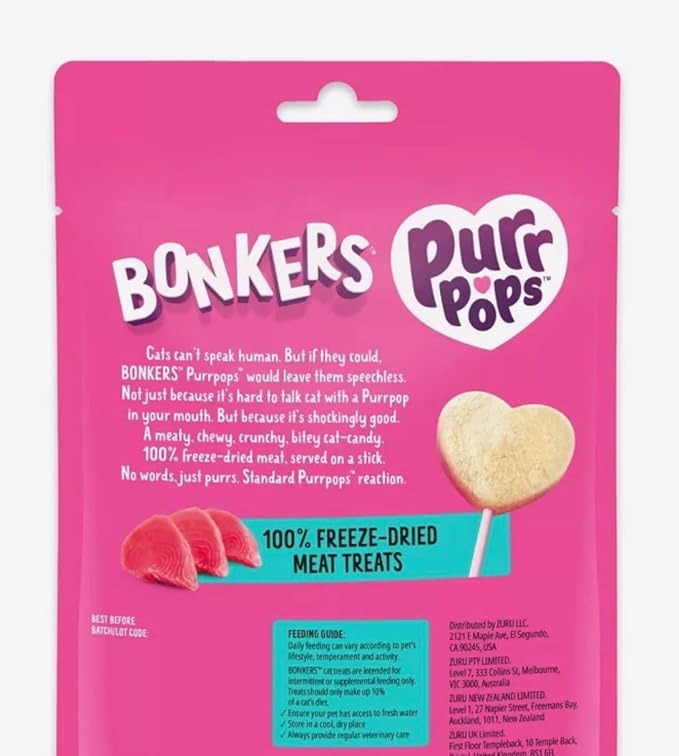 Bonkers Purrpops Tip Top Tuna Flavor Lollipop Freeze-Dried Cat Treats 4 Count, 2 Packs, Plus 1 Cat Pom Pom Balls Toy