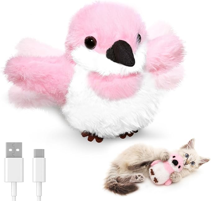 Petbobi Flappy Bird Cat Toy - Realistic Interactive Cat Toy with Sparrow Bird Chirp Tweet Flapping Wings (Non-Flying Design), Rechargeable Motion-Activated Catnip Toys for All Breeds Kittens, Pink