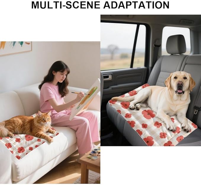 Cute Red Flowers Cat Bed Pad Non Slip Bottom Portable Pet Mat Anti Scratch Dog Bed Dog Travel Accessories Multi Scenario Multi Model Dogs Gift Printed Cage 36× 24 Inch