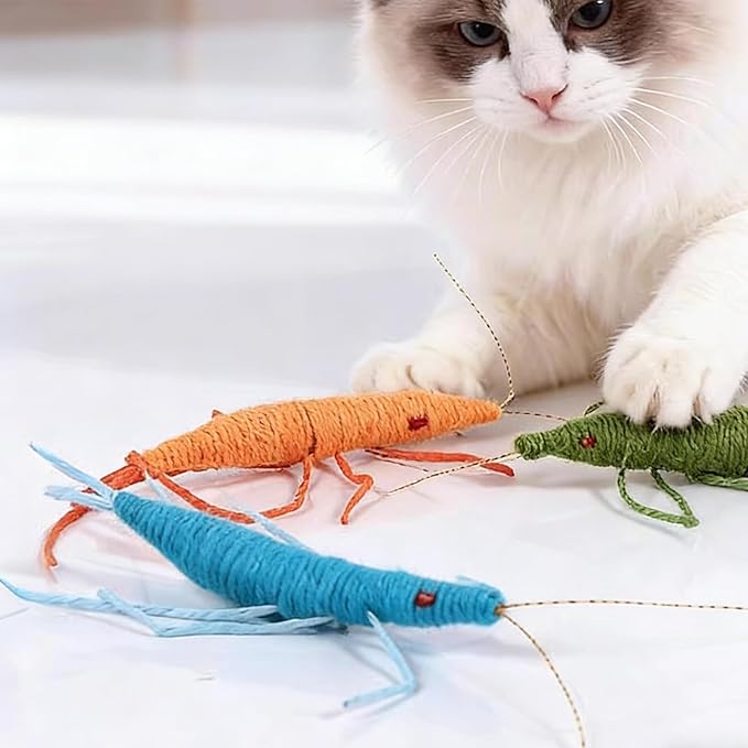 IUHKBH Shrimp Catnip Toys for Cats, 3-Color Yarn Chew Toy with Refillable Catnip, Interactive Teething for Aggressive Chewers