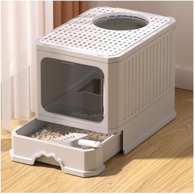 Pet Supplies, Foldable Covered Cat Litter Box with Scoop & Top/Dual Entry(Gray)