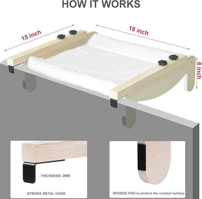 Cat Window Perch, Wooden Window Perch for Cats Inside, 2 in1 Cat Hammock for Window, Versatile Cat Window Bed, Multi Installation Place Window Cat Bed for Windowsill Bedside Drawer and Cabinet