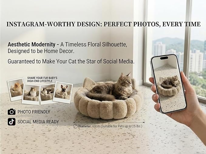 24 Inch Round Cat Beds for Indoor Cats, Cute Plush Kitty Bed with Cat Ears, Calming Cat Donut Bed with Supportive Cushion, Washable Cat Bed for Indoor Cats, Kitten Bed, Large Cat Bed