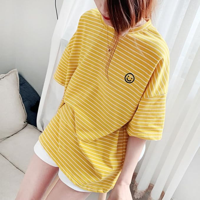Matching Dog and Owner Clothes,Yellow Striped Women Shirt Short Sleeve,Cotton Women Summer Shirt Crewneck,Casual Summer Tops Loose Fit(Owner S)