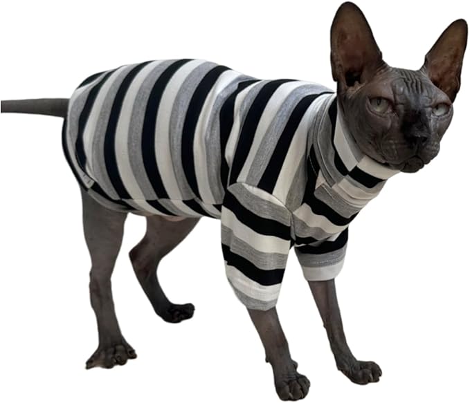 Vintage Stripes Sphynx Hairless Cats Shirt Cotton Cat Turtleneck Pet Clothes Kitten T-Shirts with Sleeves for Sphynx Cats (Black Grey White, Medium)