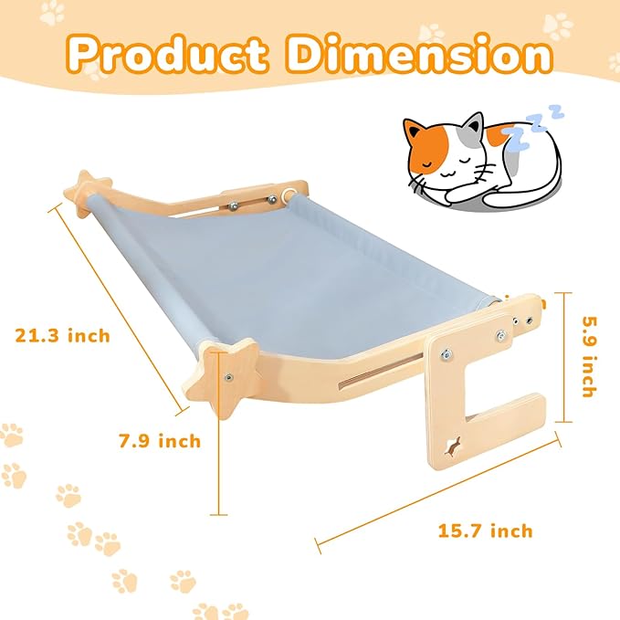 Cat Window Perch for Large Cats, Heavy Duty Hammock Bed No Drill Design, Solid Wood Frame Seat with Metal Hooks, Adjustable Windowsill or Bedside Use, Washable Cushion for Indoor Pets