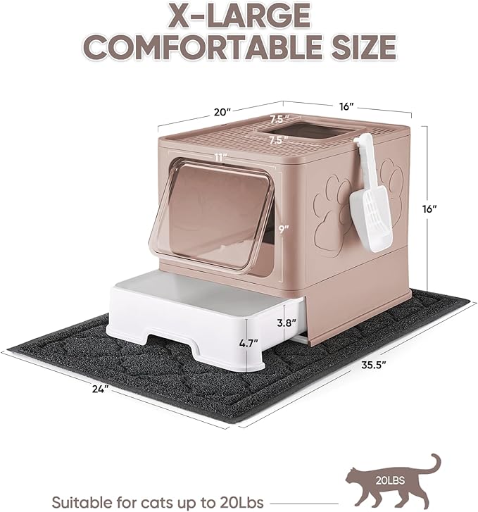 Medario Cat Litter Box with X-Large Litter Mat and Scoop, Large Covered Litter Box with Lid, Enclosed Kitty Box,Front Top Entry Exit, Odor Control Easy to Clean (Upgrade Coffee)
