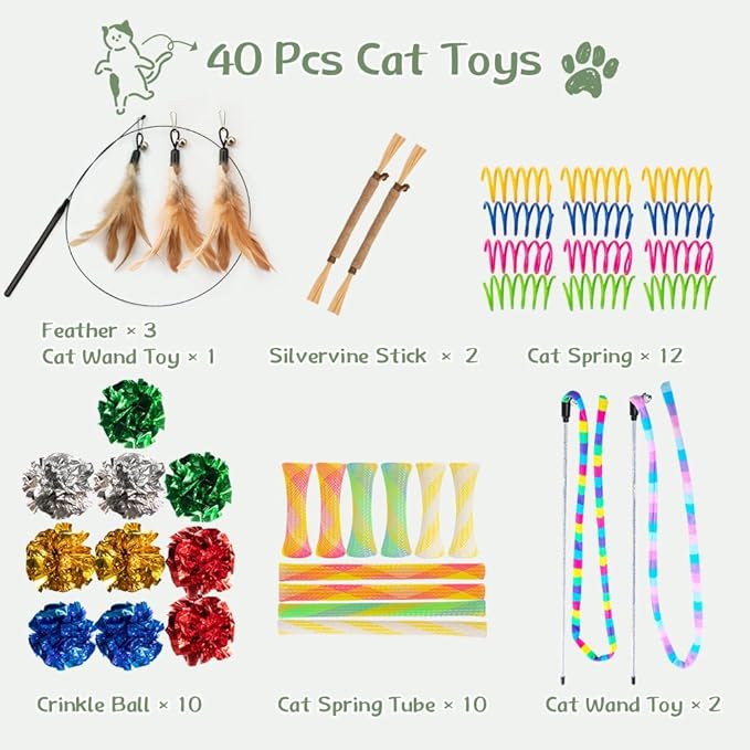 Cat Toys 40 Pack - Interactive Variety Set for Cats & Kittens with Cat Wand Toys, Feather Toys, Crinkle Balls, Springs & Silvervine Sticks to Reduce Anxiety & Destructive Behaviour