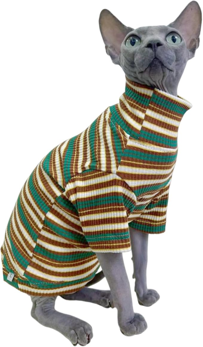 Turtle Neck Vintage Stripes Sphynx Hairless Cat Cotton T-Shirts Pet Clothes Vest Kitten Shirts Sleeveless, Cats & Small Dogs Apparel (Marsh, M (5-6.5 lbs))