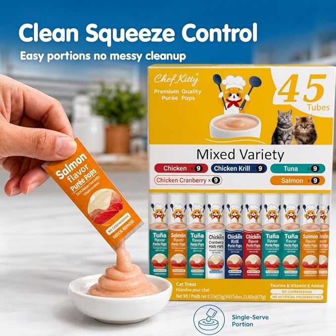 Cat Treats Lickable | Grain-Free Cat Food Toppers, High Protein | Creamy Puree Squeeze Ups with Vitamin E & Taurine, Digestible Formula | 0.5 oz. Each Tube, Chicken & Seafood Mix Variety | 45 Tubes