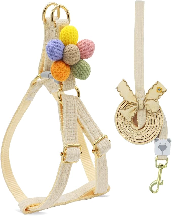 PETCARE Cute Flower Dog Harness and Bowtie Leash Set Easy Walk Puppy Dog Halter Harness for Small Dogs Girl Step in Dogs Harnesses with Buckle (White, Chest Adjustable 13"-20", Rope Width 0.79")