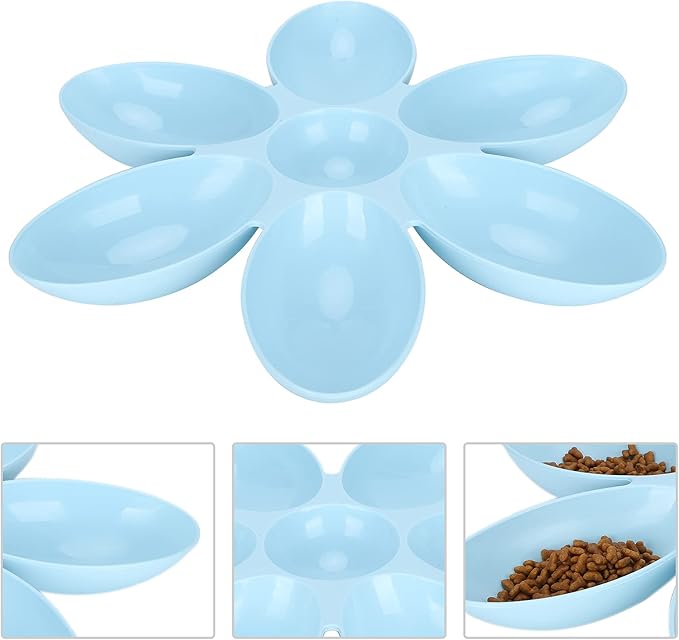 Multipurpose Cat Food Bowl Cat Food Bowl Flower Petals Shaped Cat Water Bowls Non Slip Food‑Grade Flower Petals Shaped 6 Grids Pet Feeding Bowl for Food and Water (Blue)