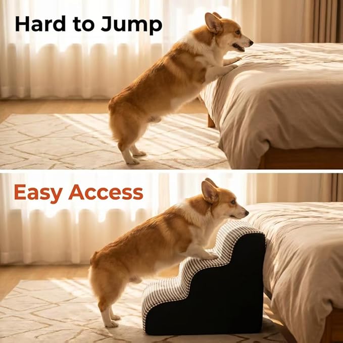 Dog Stairs for Small Dogs，35D Pet Stairs Steps 15” H with Durable Non-Slip Waterproof Fabric Cover, Slope Stairs to Bed for Small Dogs and Cats or Pets Joints, 3 Step Dog Ramp for Couch and Bed